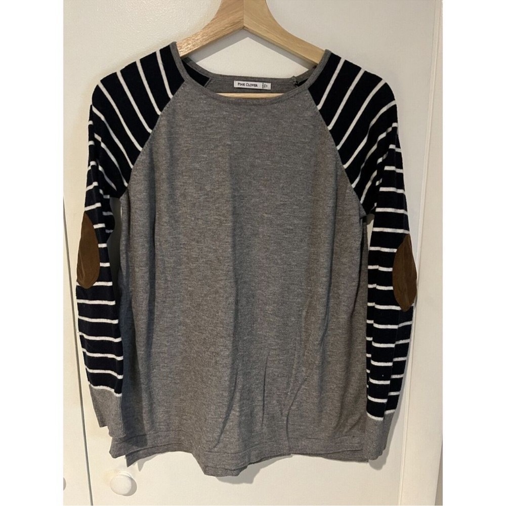 Pink Clover Sweater Size Medium Petite Gray Navy Stripe Sleeve Elbow Patches